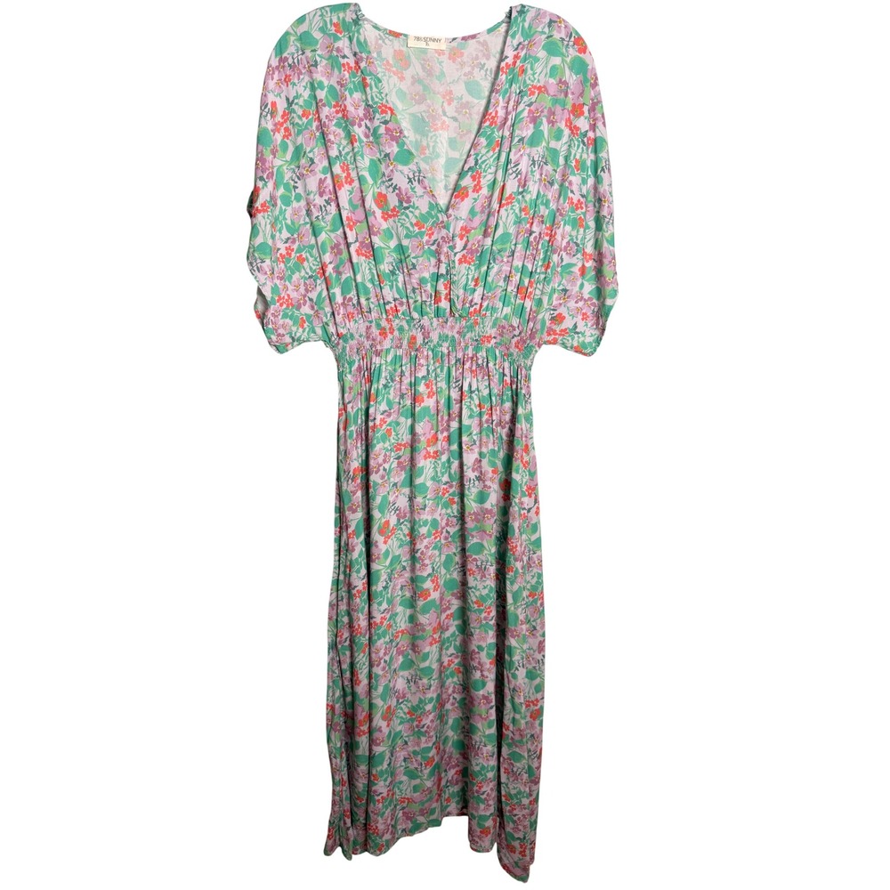 78&Sunny Floral Midi Dress Women XL Pink Green Rayon Smocked Waist Boho Summer